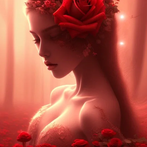 red roses beautiful girl,utra realistic,highly detailed, masterpiece, sharp focus, fantasy art, royalistic,elegant, fog, Special Lighting,glowing lights Vibrant, color Scheme, forest, trending on artstation, ultra photoreal,hypermaximalist