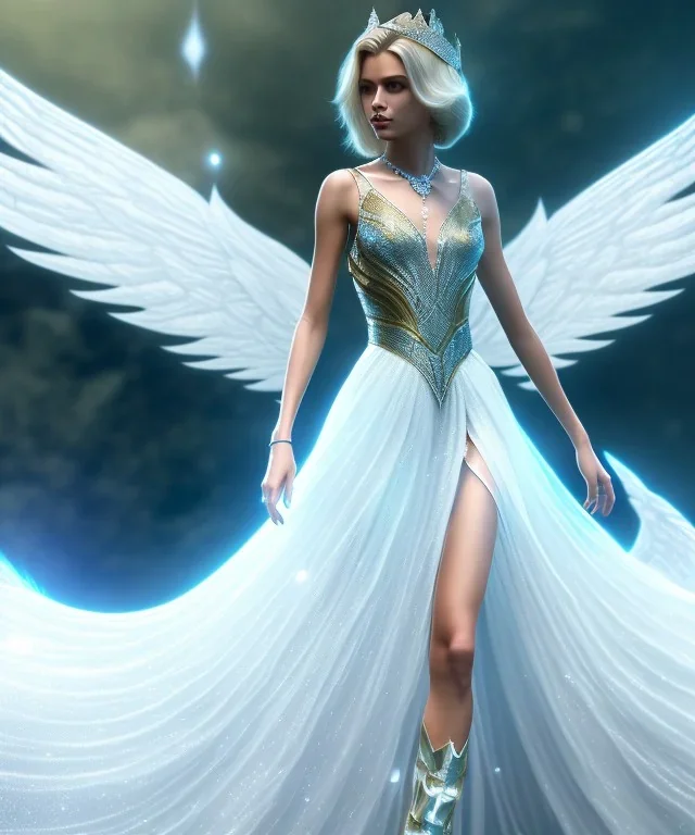 A crystalised queen, atmospheric, realistic, unreal engine, cinematic lighting, octane render, transparent long dress, blonde, full body, wings, smile, long hair