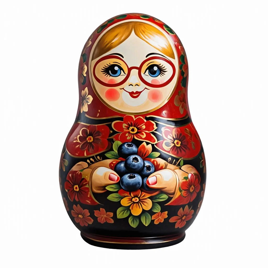 draw matryoshka dolls, the matryoshka is smiling, the kind sweet face of the matryoshka doll, behind the matryoshka Russian patterns in the style of Khokhloma, Khokhloma with gold and black flowers, in the hands of matryoshka blueberries