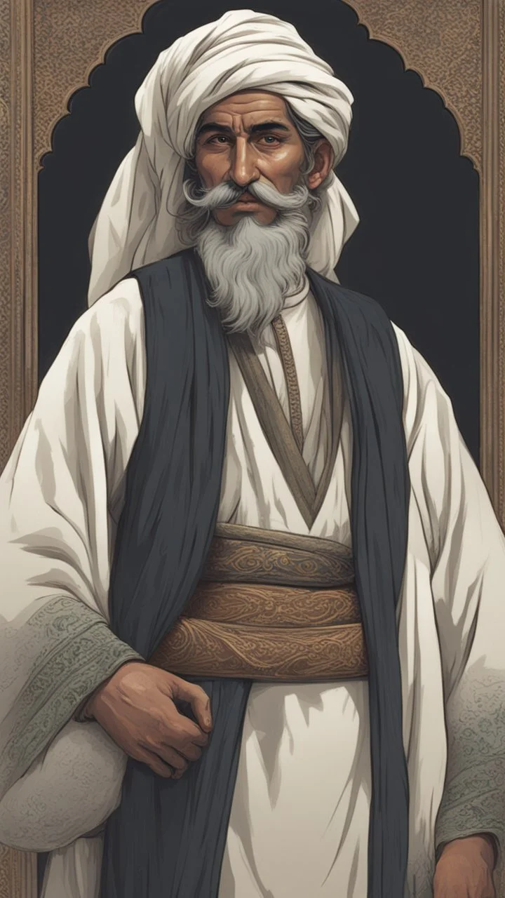 A Muslim man from the era of the Prophet’s companions, tall, strong in build, with a cheerful face. He had long black hair, black eyes, and a thick mustache.