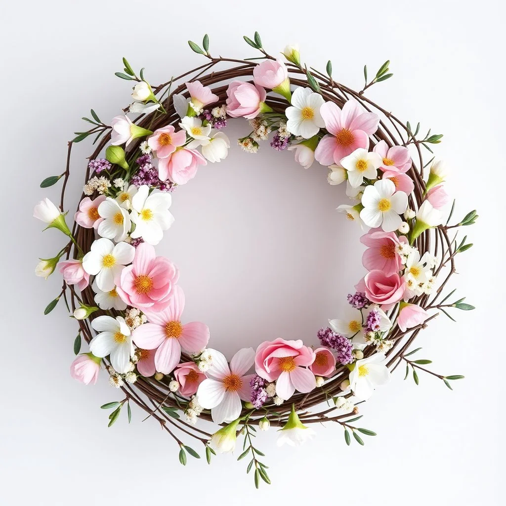 A hyper-realistic photograph of spring flowers and willow branches arranged in a wreath, top view composition, natural and soft mood, photorealistic style, macro photography, spring nature background, diffused natural lighting, pastel and fresh tones, ultra high resolution --ar 16:9