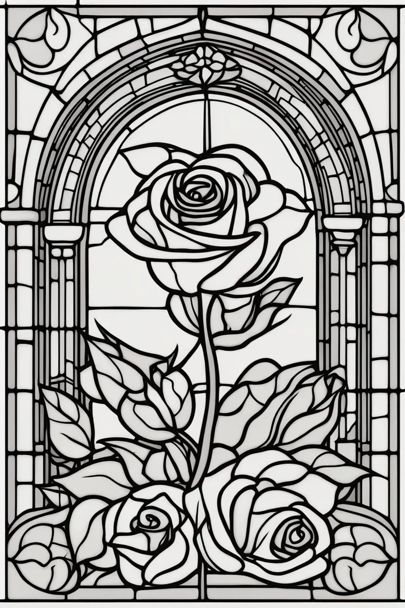 kids coloring page, roses in stained glass window, cartoon style, thick lines, very low detail, no shading