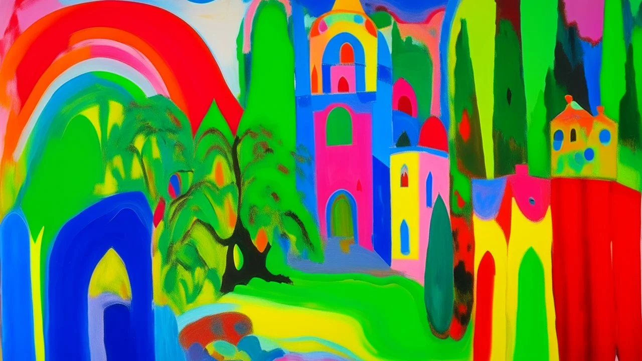 A rainbow demented castle in a warped realm painted by Henri Matisse