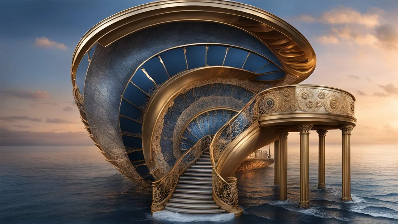 midle soot A stunning Nautilus shell house with a nautilus shell metal stair wide shot standing in the sea waves backdrop the deep blue Sea in golden hour, dark metallic, steampunk, hyperrealistic photo, Digital painting, Highly detailed, Sharp Focus, unusual spiral fractal architecture