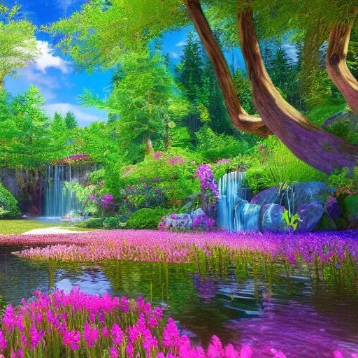 enchanted forest, blue lake,delicate flowers, cascades, full of details, smooth, bright sunshine，soft light atmosphere, light effect，vaporwave colorful, concept art, smooth, extremely sharp detail, finely tuned detail, ultra high definition, 8 k, unreal engine 5, ultra sharp focus