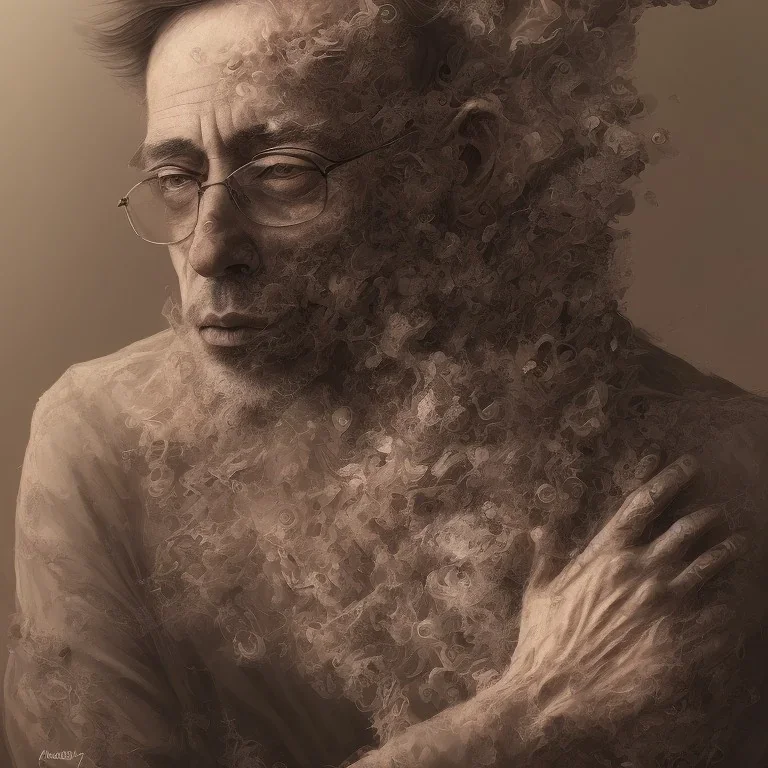 Extremely detailed portrait of a man covering his fading face with multiple hands growing out of his palms, digital painting.