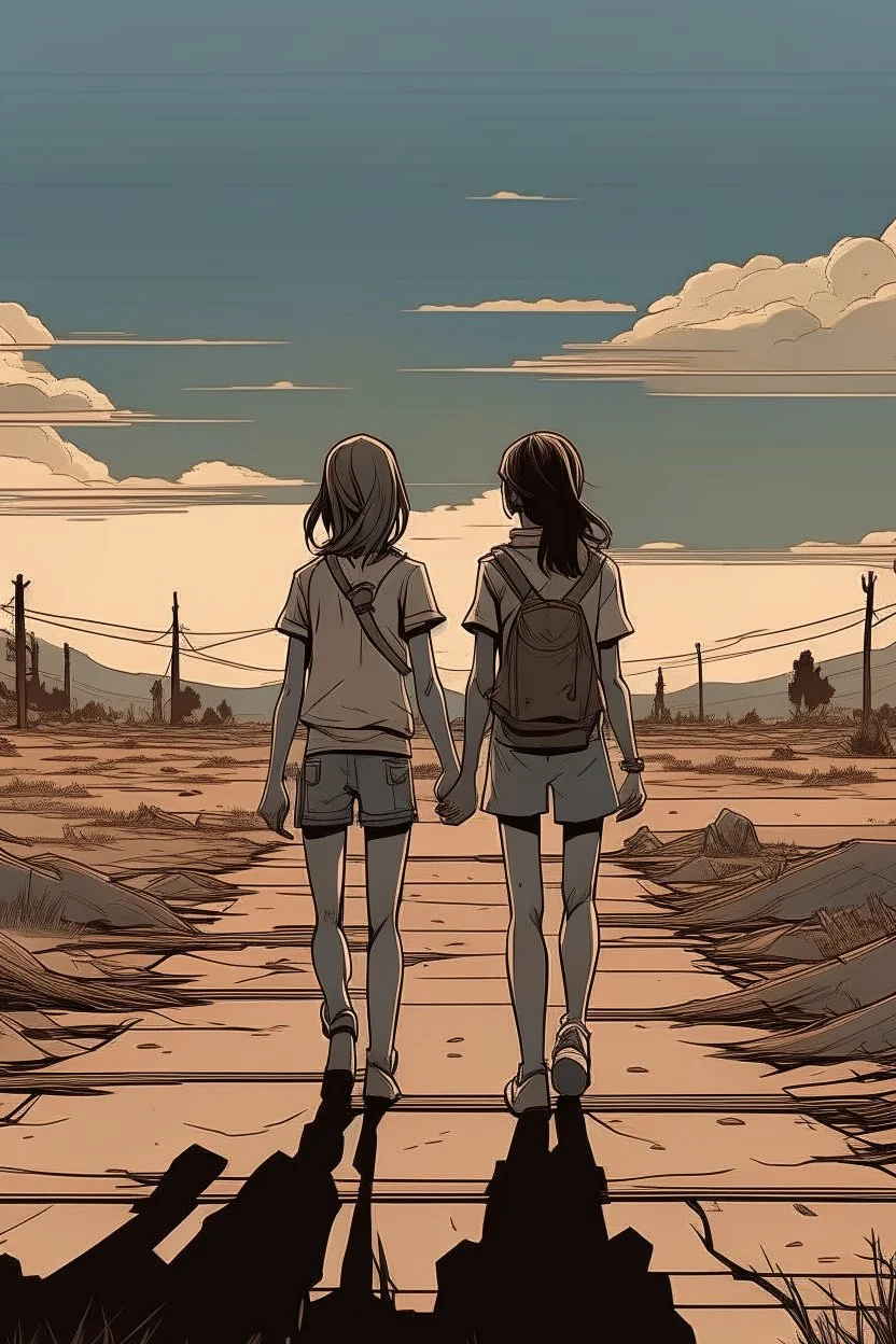 yakın 2 kız arkadaş 2D uzak uzaktan görünüm poz veriyorlar the walking death tarzı