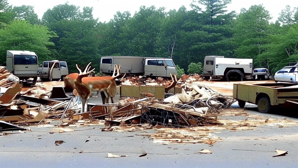 the deceased fawn's family deer raid moving truck company parking lot making a lot of destruction