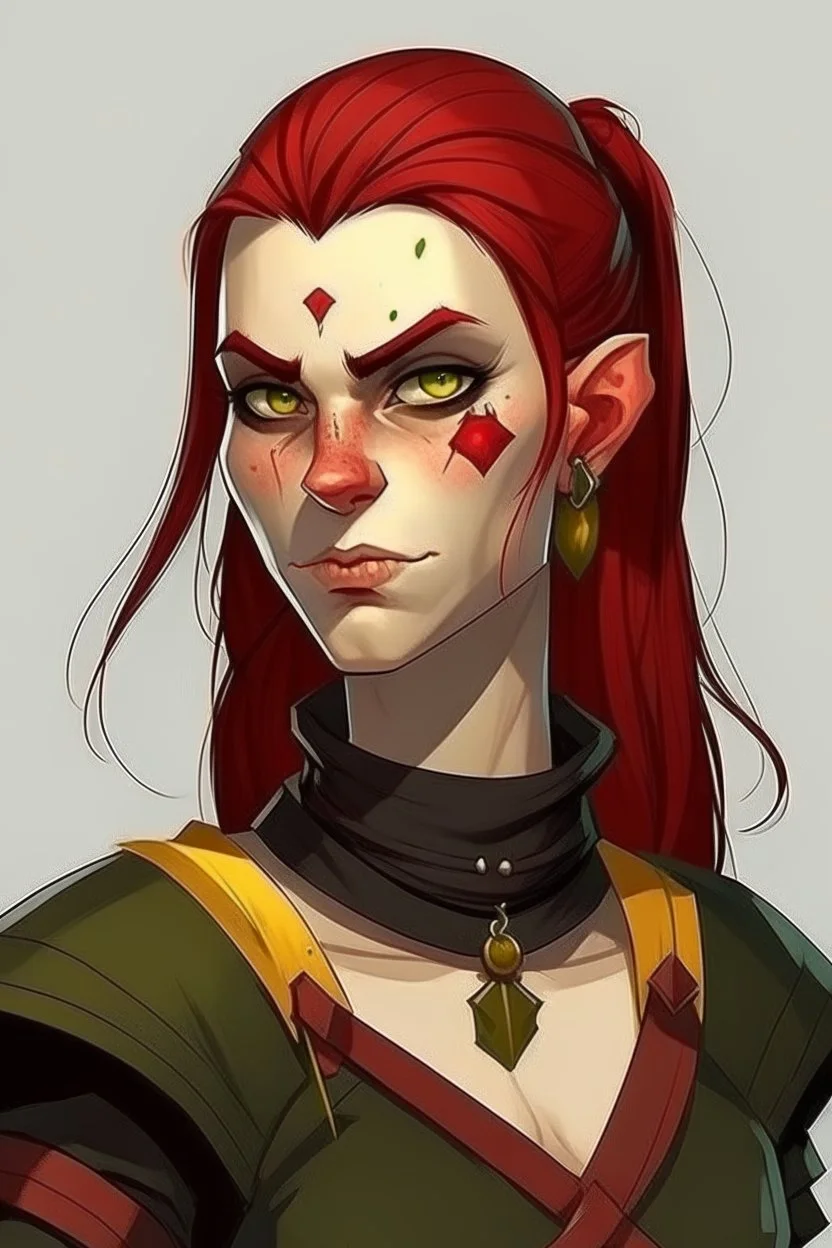 very smart half orc young woman, shes strong and not pretty, her hair is dark red and mid length, she wears an earring and black clothing