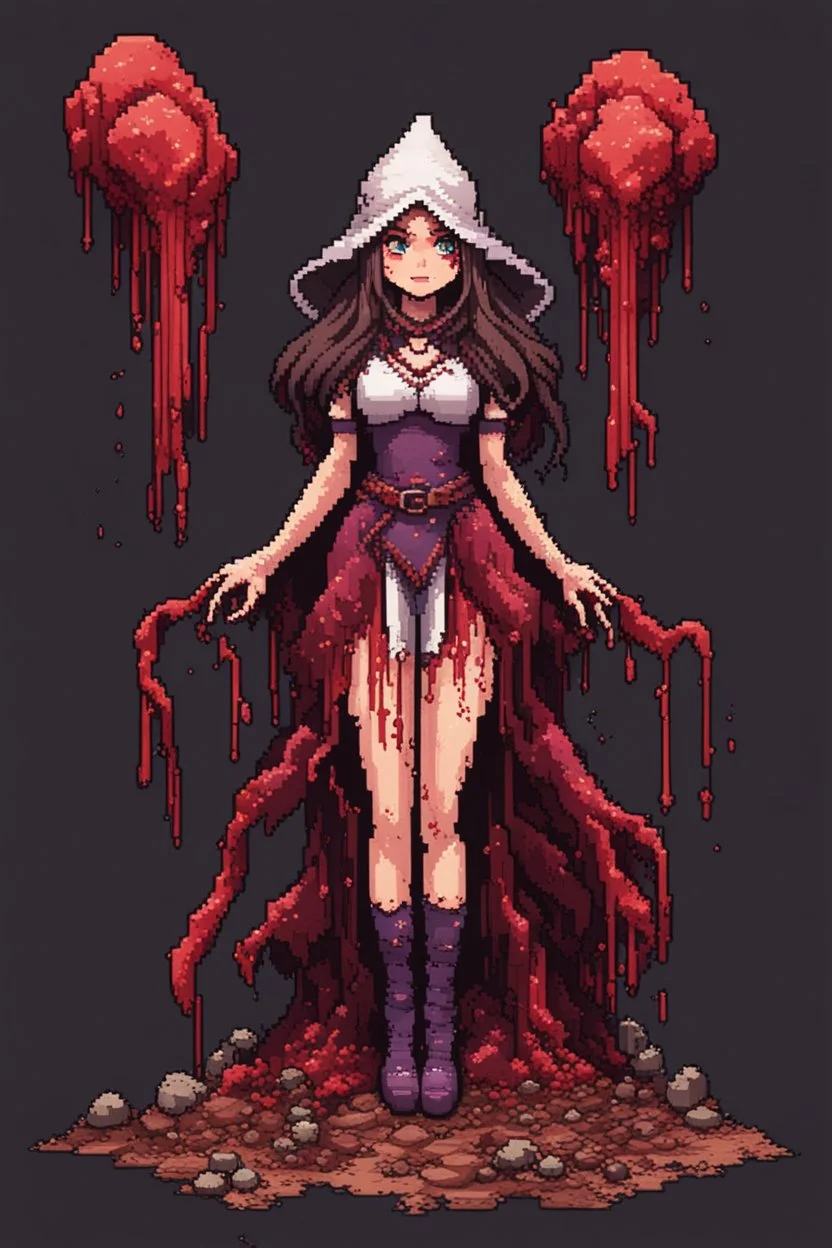 Girl wizard, fullbody, behind blood guts rising from the ground, 8bits, pixel art,