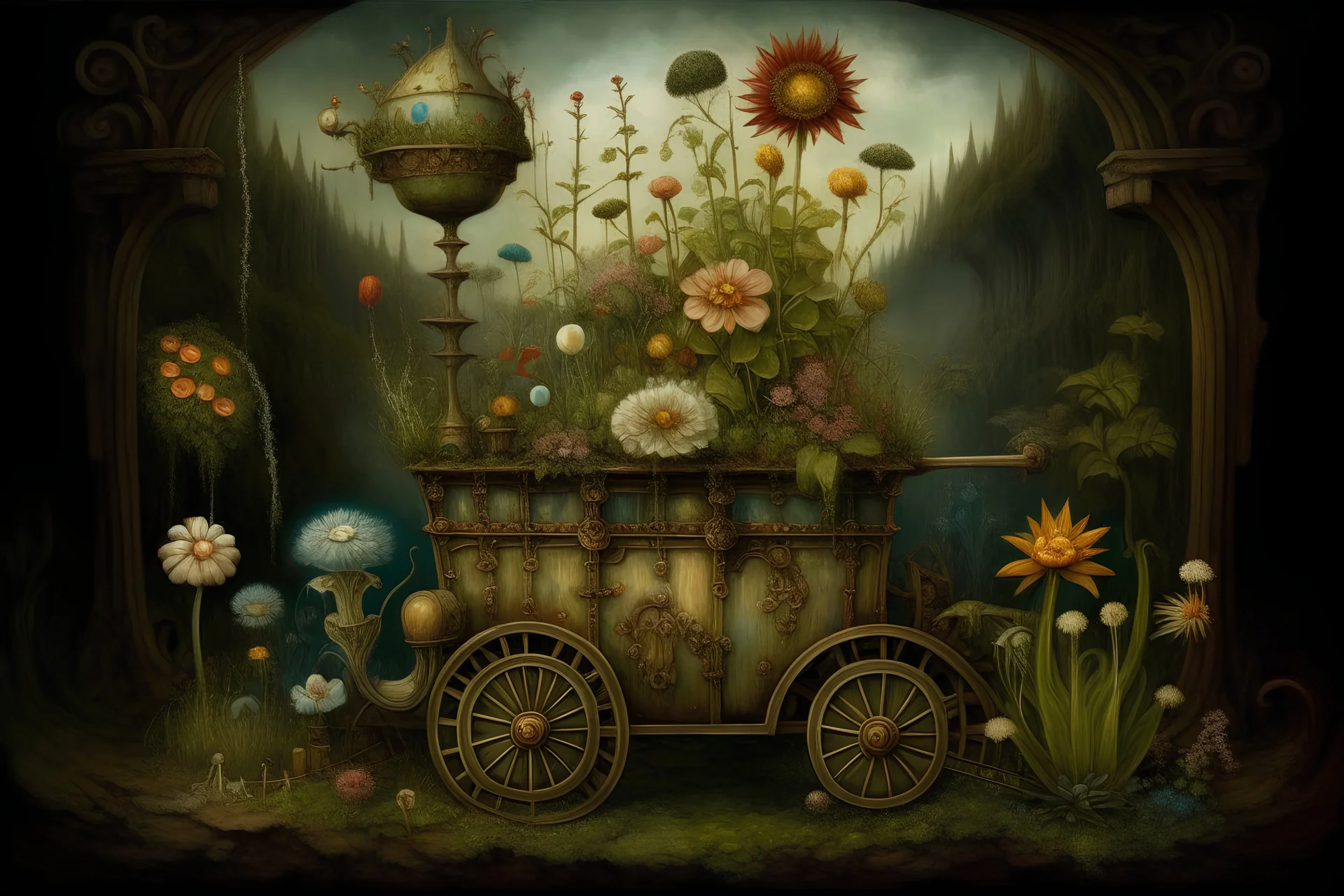 Surreal painting of plants and pots with flowers hanging on intrincate detailed rusty train engine, By Leonora Carrington & Didier Laurence & Naoto Hattori & Nicoletta Ceccoli & Jean-Baptiste Monge & Bernard Frize & Gunta Stölzl, James Jean, Mark Ryden, Brian Froud, Zdzisław Beksinski, H. R. Giger, Hieronymus Bosch, Imperial colors, Elegant, Polished, Masterful surrealism, Crisp quality, Ultra reallistic, Hyperrealistic, Ultra detailed, Extremely detailed, insanely intricate, High definition, Sh