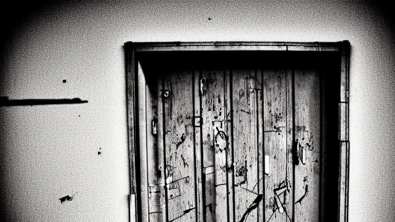 unhinged door, anime, monochrome, black background, ink, simple, maximum quality, broken hinge, barely functioning, why is it still being used it's a health hazard, centered on frame, far