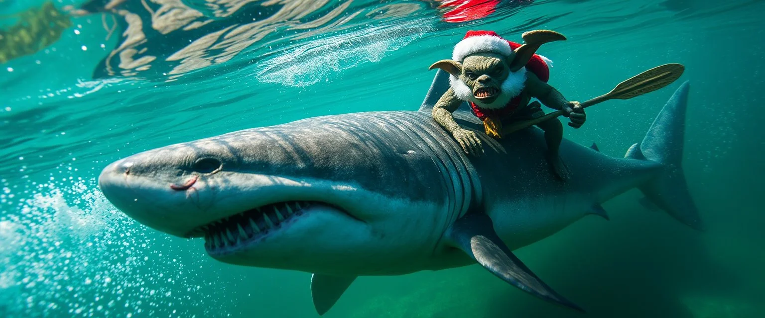 prehistoric shark fish ogre santa gremlin beneath kayak