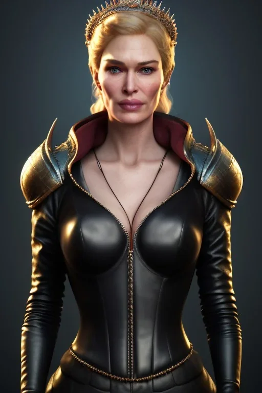 Cersei Lannister as evil queen in black leather, busty, cleavage, curvy, lena headay, angry, stern look. character design by cory loftis, fenghua zhong, ryohei hase, ismail inceoglu and ruan jia. unreal engine 5, artistic lighting, highly detailed, photorealistic, fantasy