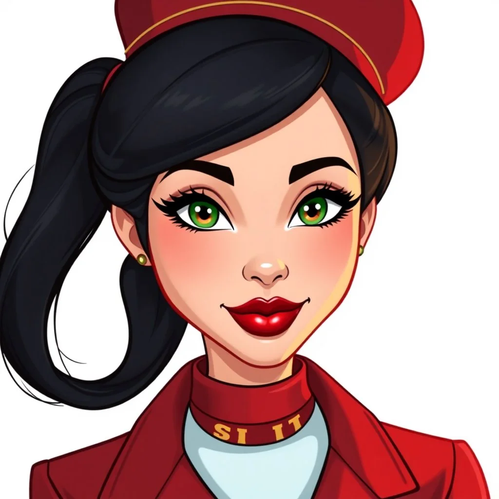 realistic cartoon style face portrait of a beautiful 55-year old black haired French stewardess who looks just like Elodie Cherie. she wears red uniform, stewardess hat, short hair on ponytail, pouty shiny bright red lips with lots of lipstick, very long eyelashes and green eyes with smoky eye makeup. she also has a red leather choker with some golden letters
