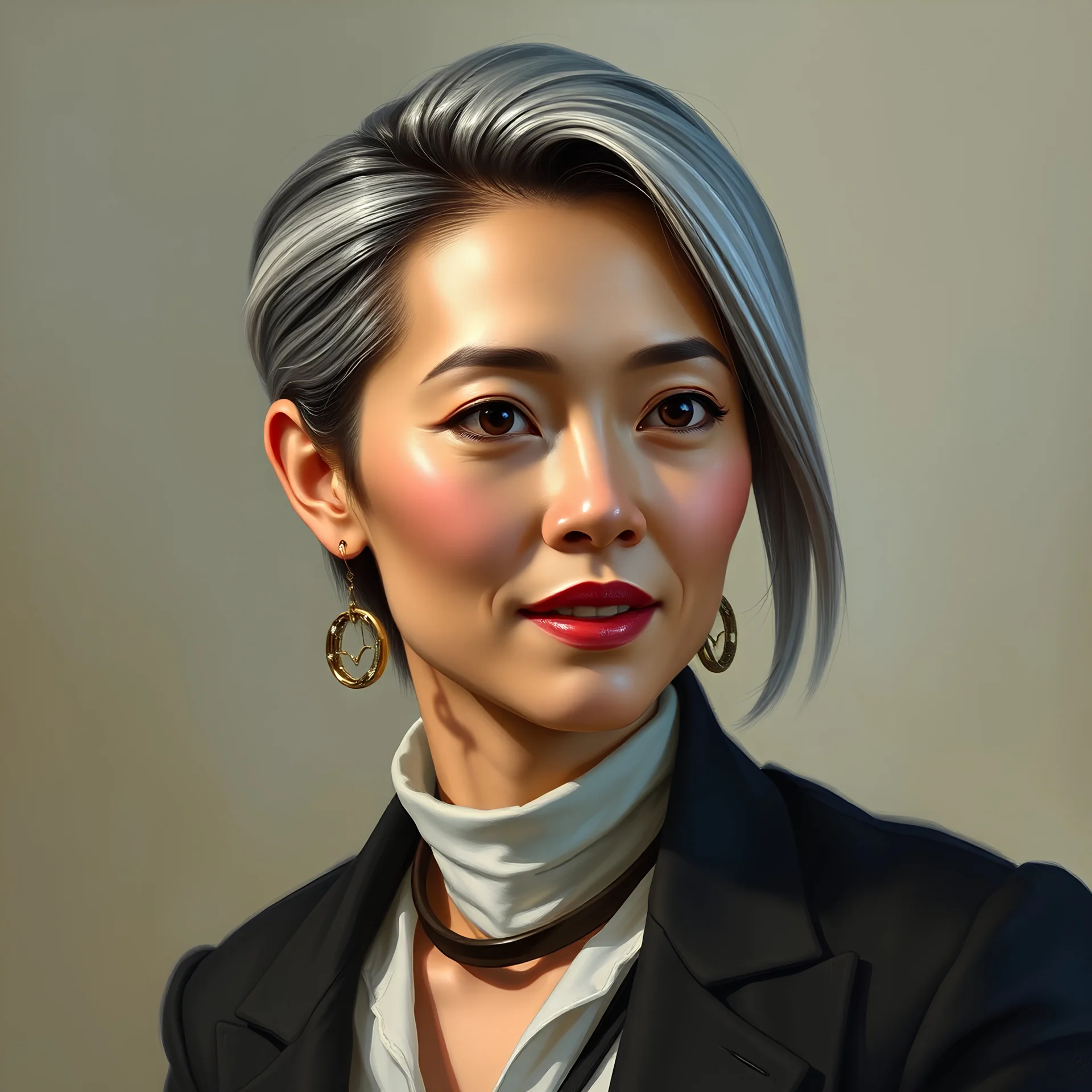 Fantasy portrait based on Michelle Yeoh of Stern Professor with short slicked back silver hair