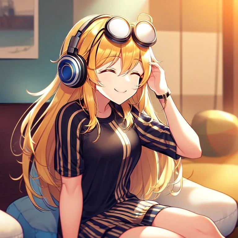 girl, masterpiece, best quality, volumetric lighting, detailed outfit, perfect eyes, golden hair, long hair, closed eyes, headphones on head, listening to music, smile, sitting, indoors, god rays, casual clothes,