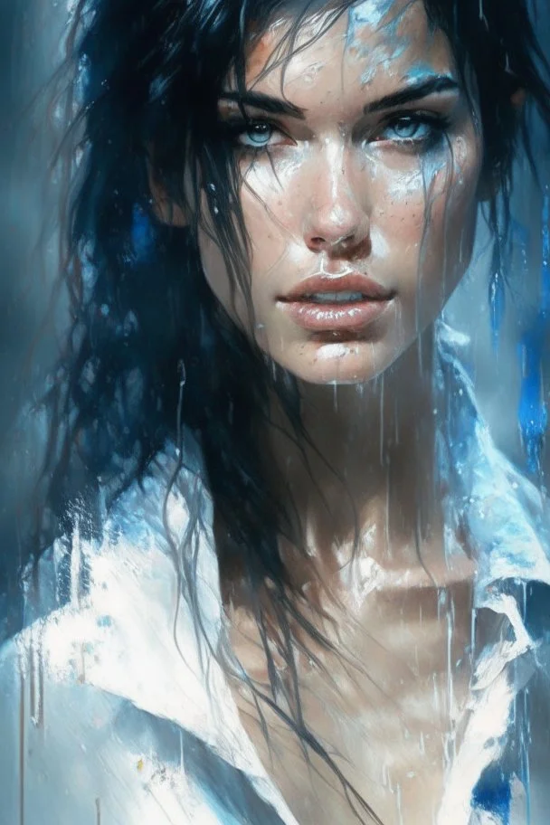 beautiful caucasian woman, age 23, wearing trendy wear wet-white T-shirt, light black hair, Attractive posing, Full body, perfect detailed face, frame the head, blue-eye, glamour, wet skin, Wet hair, rain, hyperdetailed painting, luminism, art by Carne Griffiths and Wadim Kashin concept art, 8k resolution, fractal isometrics details bioluminescens , 3d render, octane render, intricately detailed , cinematic, trending on artstation Isometric gritty, realistic mucha, intricate, high definition,