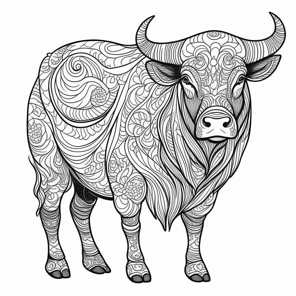 bull, realistic, coloring page, Animal, mandala, only draw lines, coloring book, clean line art, wildlife-inspired, kid style, –no sketch, color, –ar 3:4, white background, minimalistic black lines, 8k, minimal black color, low level black colors, coloring page, use pure black and white colors, avoid thick black colors, thin black line art, avoid colors, perfect shape, perfect clear lines, clear edges, fill total edges, exact perfect edges, not use black colors, dont use black colors