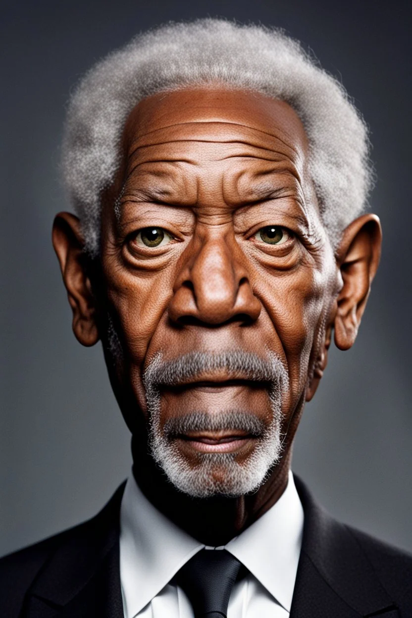 Morgan Freeman with a tiny head and huge eyes and pointy ears