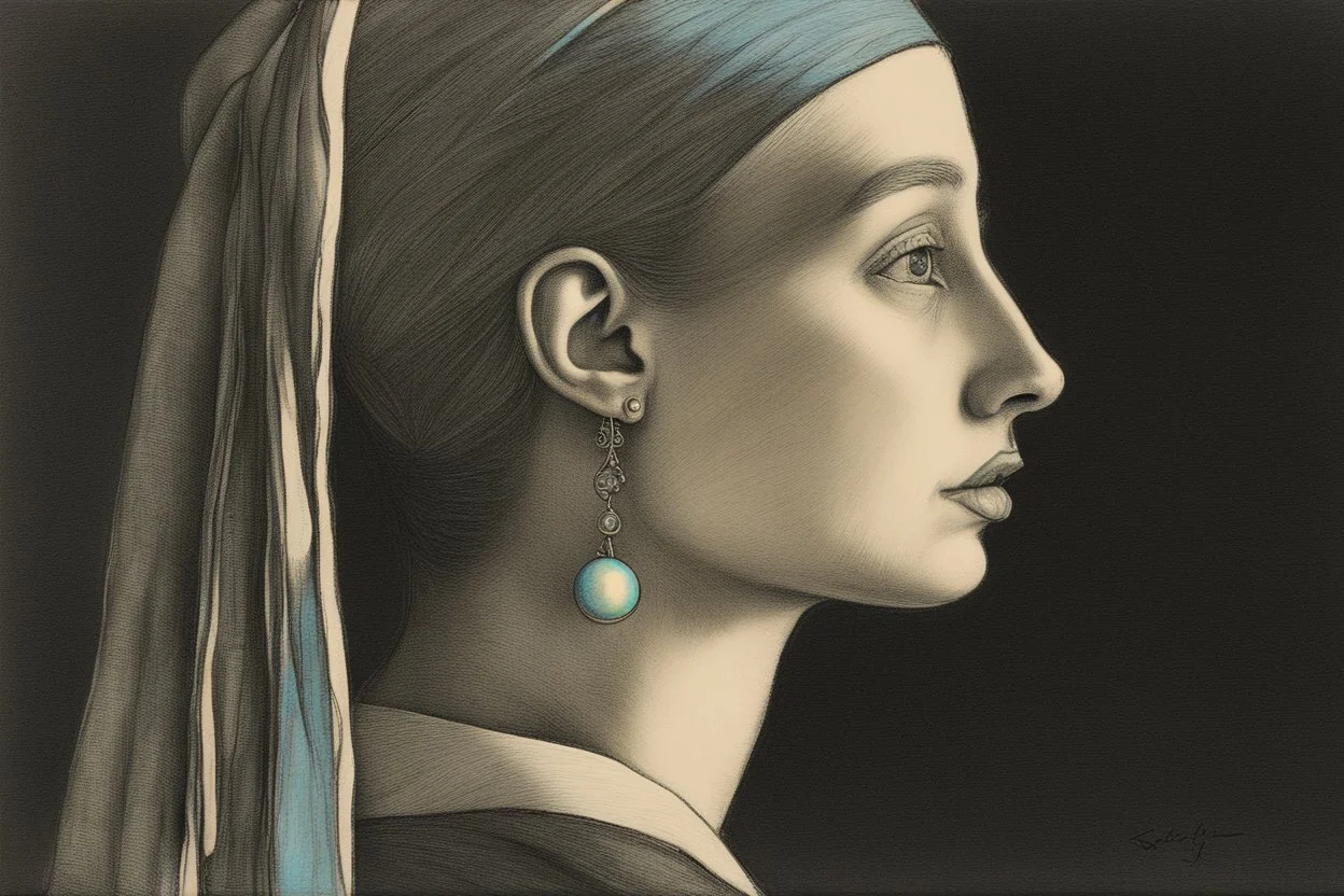 flower cut, girl with pearl earring S<AI in moonlight, shaded pastel and charcoal drawing, bioluminescent, holographic