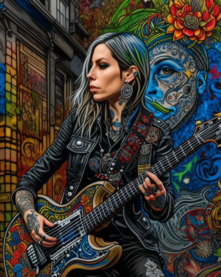 "Midnight Serenade unique" low view angle shot down village road , large close up a beautiful young woman with a tattoos wearing a cool black leather jacket like rocker style and holding a guitar, granite terrazzo motifs with puzzle modern clothing is decorated with colorful filigree abstract, Collage chutes papiers magazines,Spirograph background by Nisa Kiley, Textile Artist