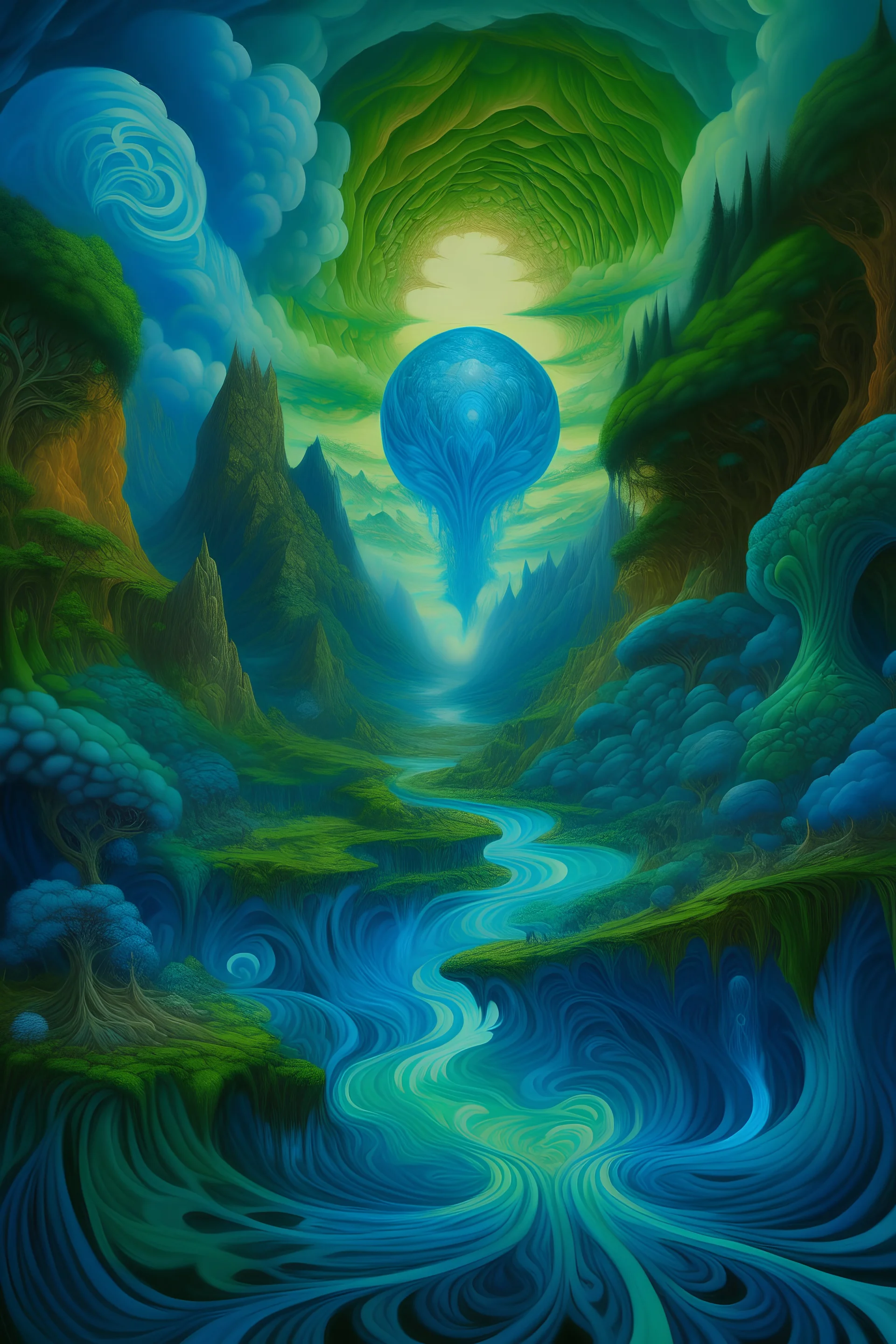 A mesmerizing landscape painting in the intricate and captivating style of fractals, depicting a surreal and otherworldly scene. The composition features a vast and expansive landscape, with towering mountains and cascading waterfalls in vibrant hues of blues and greens. The sky above is adorned with swirling patterns and intricate fractal formations, creating a sense of cosmic energy and mystery. The attention to detail and meticulous brushwork bring the fantastical elements of the scene to lif