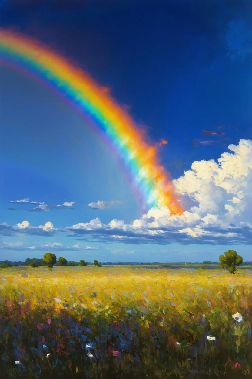 Rare circumhorizontal arc (also known as fire rainbow) caused by small water droplets individually scattering light; Lowbrow Post-Impressionism