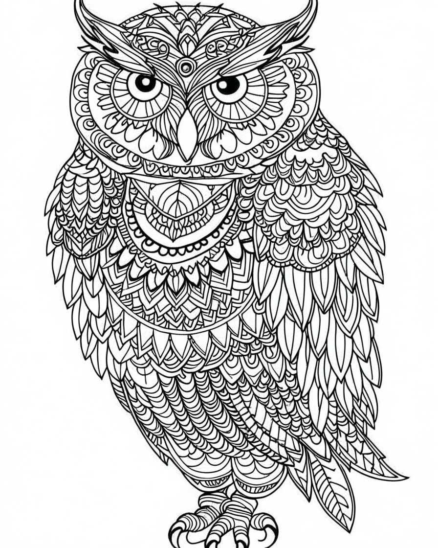 Owl, coloring page , full body (((((white background))))), only use an outline., real style, line art, white color, clean line art, white background, Sketch style