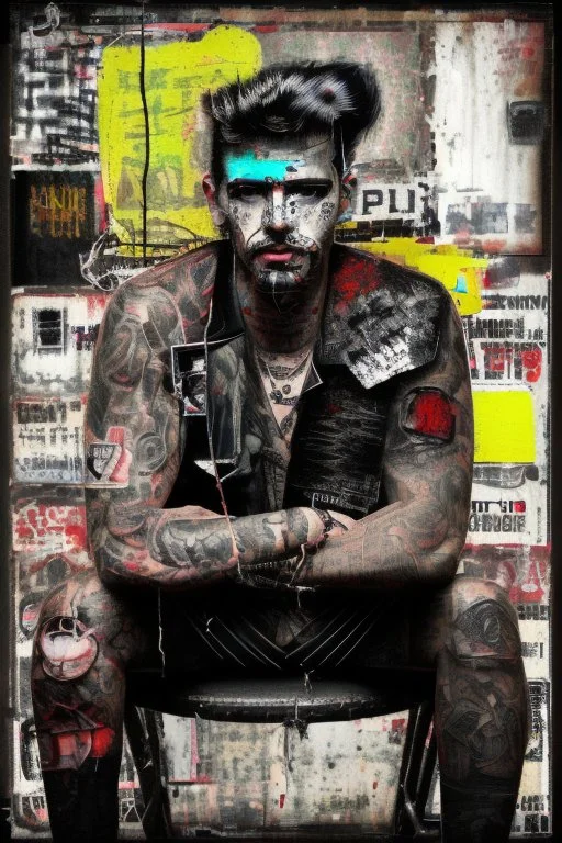 Ultra detailed medium portrait painting of a man, sitting on chair,ex-ganster in jail tattoos, rough look, bold,mascara, evil look, chaos dark background,torn up collage of photo clippings, broken circuitry background, matrix effects, punk visual art, punk art aesthetic, graffiti art, pop surrealism, collage art, cluttered paint glitches