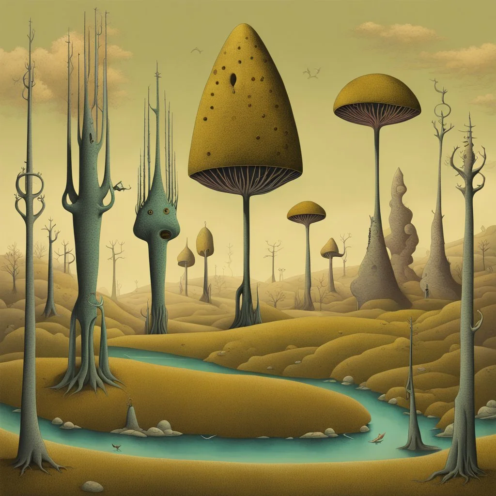 Surreal key-shaped trees, strange landscape of incredibly long-limbed and thin weird alien-like cryptids "Thins" who tend to the fauna, surrealism, sharp focus, by Kay Nielson, by Yves Tanguy, by Andy Kehoe, sinister, weird-land, sharp colors, art from beyond.