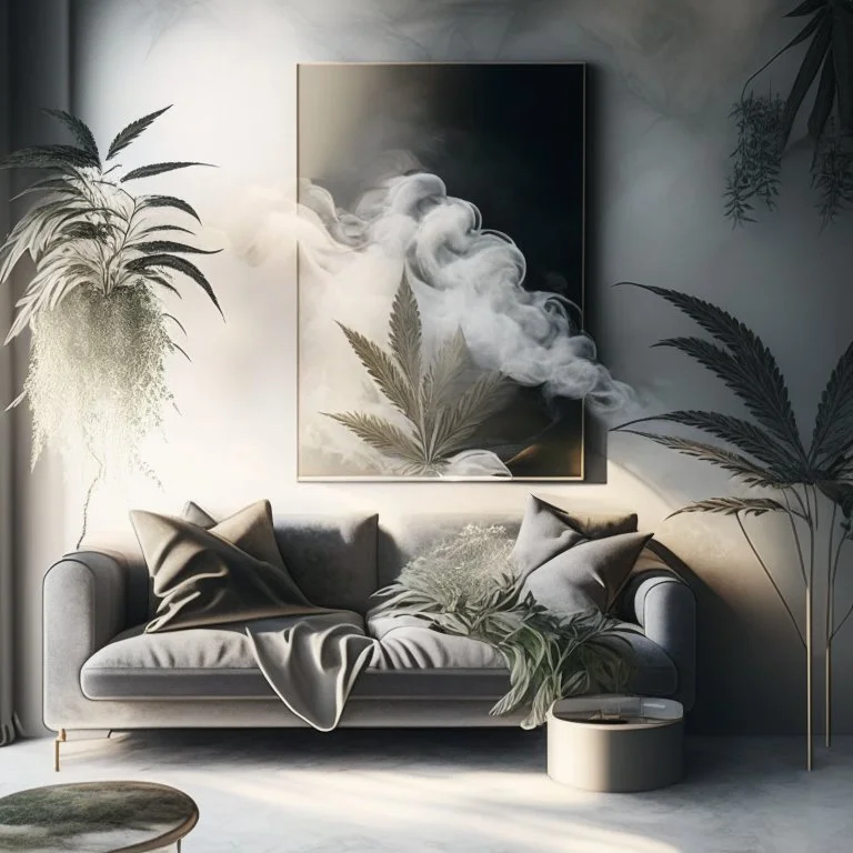 Design an artwork background that showcases the pleasure and relaxation derived from indulging in hash and weed, using elements like soft textures, hazy atmospheres, and gentle curves to evoke a sense of tranquility and bliss.