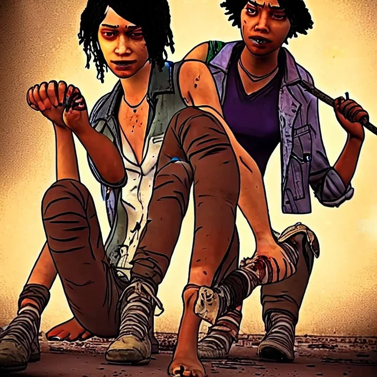 Clementine from the walking dead telltale she puts her bare foot on a guy's head the art looks like a live action movie