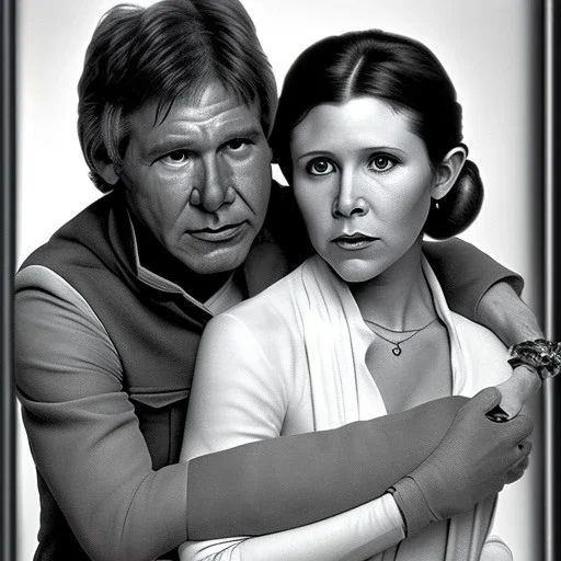 carrie fisher embracing harrison ford, waist up portrait, intricate, oil on canvas, masterpiece, expert, insanely detailed, 4k resolution, cinematic smooth, intricate detail , soft smooth lighting, soft pastel colors,