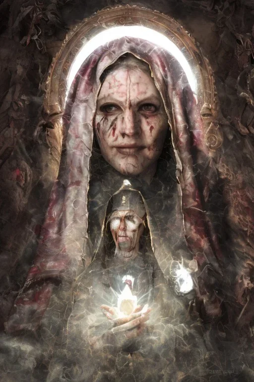 The Virgin Mary, cry in the dark, blood, darkness, Outlast, photorealistic illustration, 8k