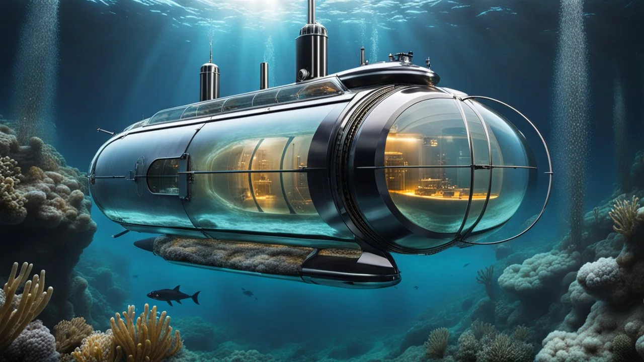 An unique futuristic glass and metal submarine in the ocean, with large of water surrounding it. The submarine bottom positioned in the center of the frame, providing a unique perspective on this streamlined high-techstructure underwater, high detalied, sharp focus, best shot, sci-fi mood