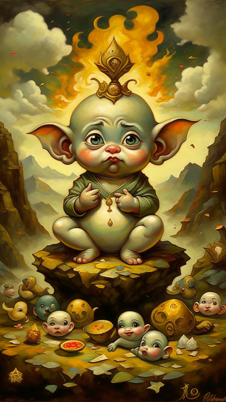 adorable baby Om Ganesha with big eyes in the pose of success, money piled up into a mountain, money flying around, oil painting