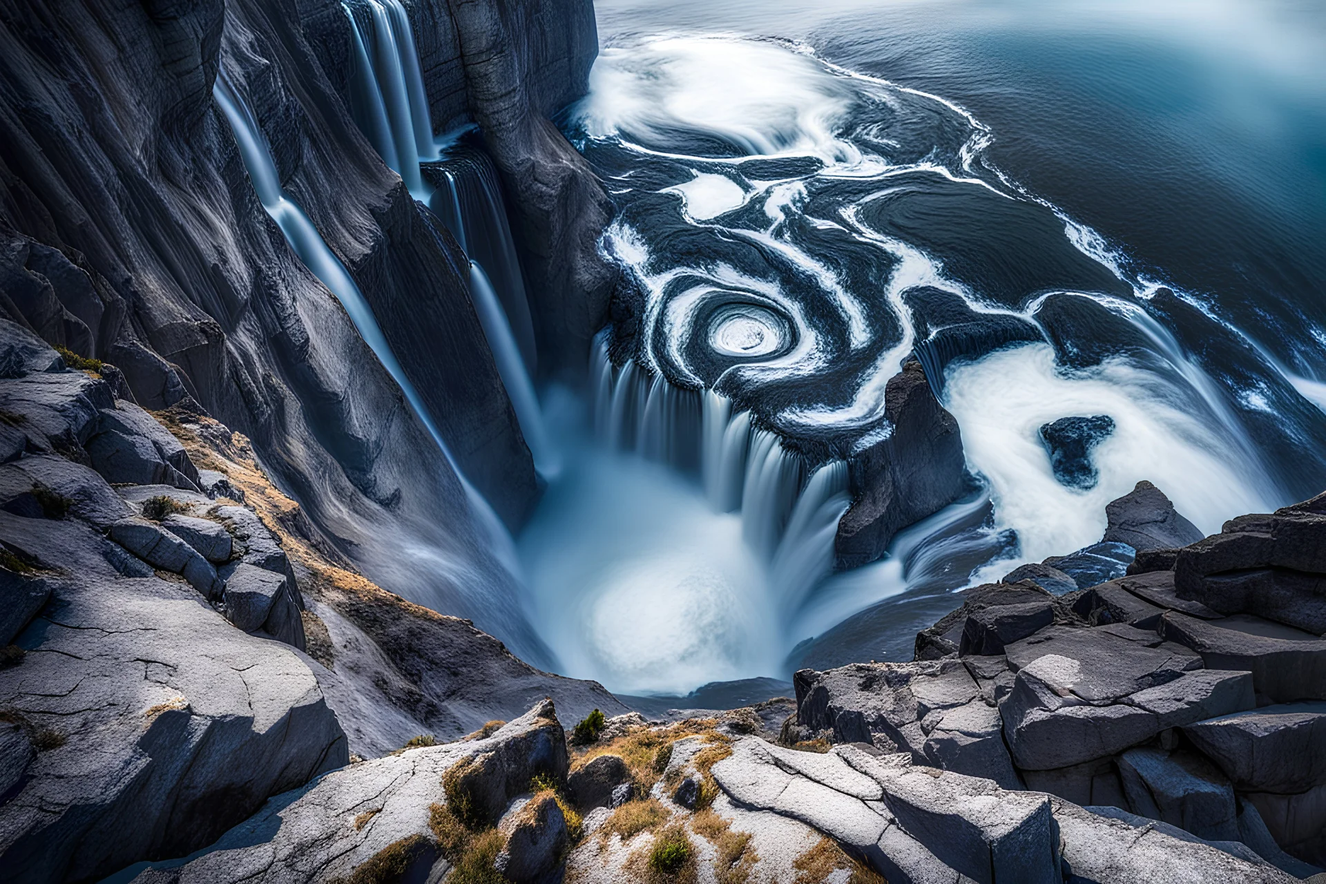 at the base of the rocky mountain peninsula, a great whirlpool waterfalls into deeper unknown depths