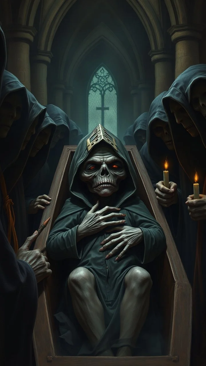 Bosch painting style, 3D ugly scary hooded creature sleeping in a coffin with hands on chest in surrounded by other hooded dark evil creatures wearing black one of them carrying a small candle in scary dark church, they all staring at the dead creature in the coffin