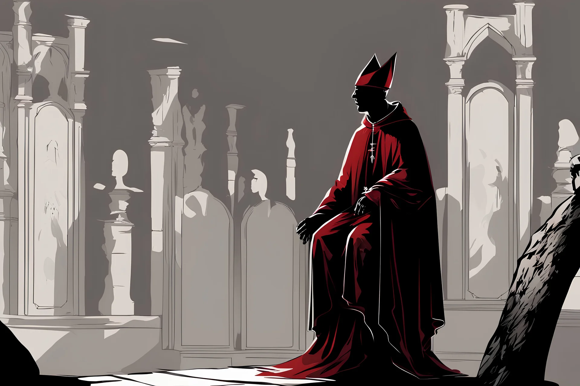 cardinal priest, sitting, shadow, silhouette, gray background, medieval, illustration,