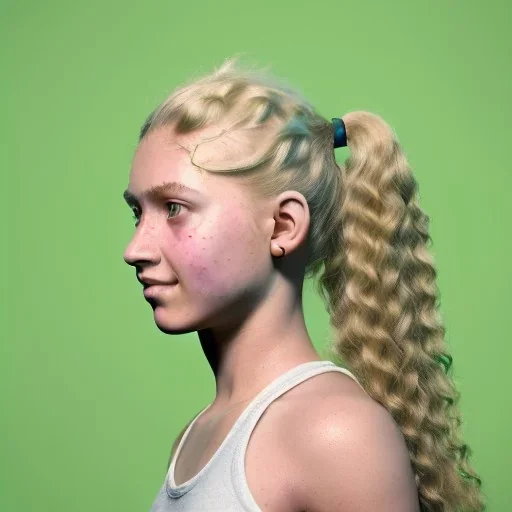 portrait of a teenager girl with blonde curly hair in a ponytail and green eyes