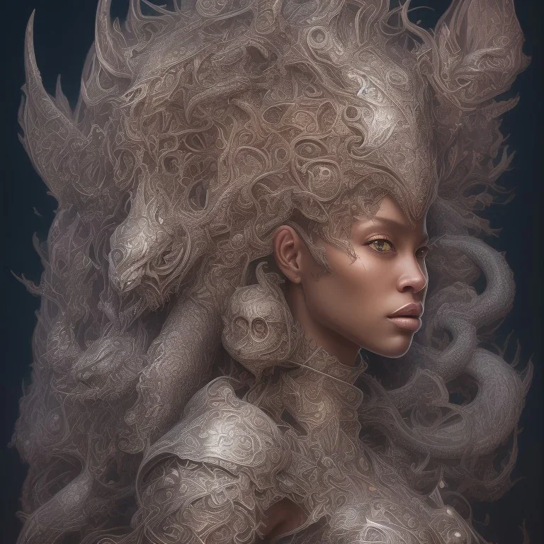 sango fantasy, fantasy magic, intricate, sharp focus, illustration, highly detailed, digital painting, concept art, matte, artgerm and paul lewin and kehinde wiley, masterpiece sexy lips Asian afro lips black African lady body mermaid Dragon head silver space lady outer space mermaid pretty skull head