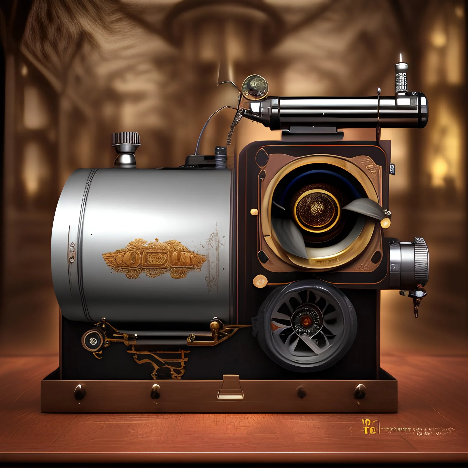 movie projector in steampunk style 18th century photo realistic