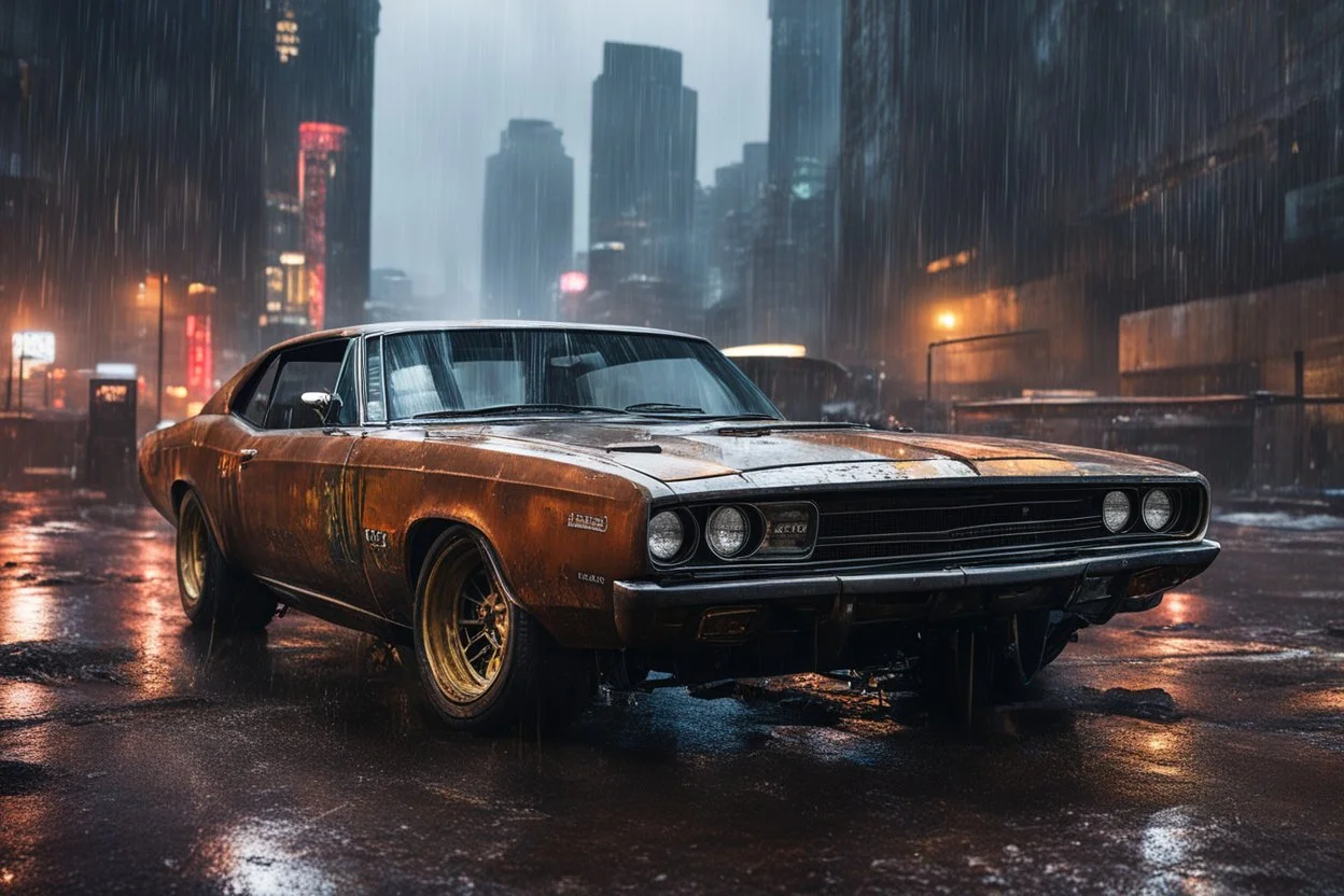 photo of a retrofitted cyberpunk 1969 Dodge Charger R/T model with (heavily battered:1.6) and rusty body, special assembly parts fitted to the hood and roof, (black windscreens:1.7), thin LED headlights and rusty dark rims, menacing car style, cyberpunk city scene in background, towering skyscrapers, heavy rain