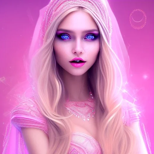 beautiful, soft, smiling face, whole head, long straight blonde hair blues eyes, crown on the head, clothing in transparent bluish and pink veil, background brillante bluish and pink, hight definition, 8K