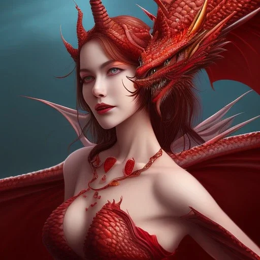 A full body portrait of a red dragon girl,smiling, wings, realistic,