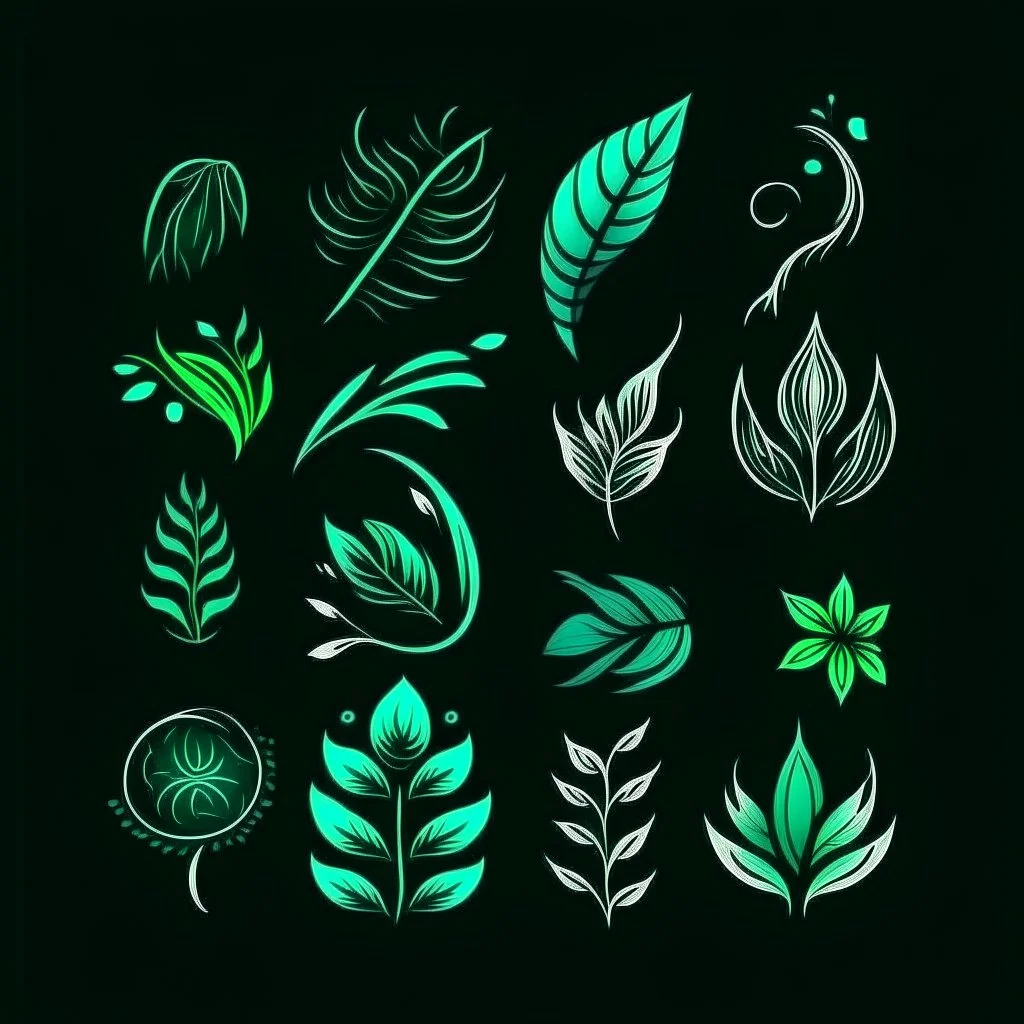 Hand Drawn Brush Stroke icons of nature with strong turquoise on deep green background.