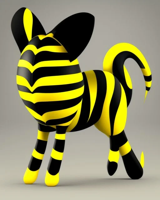 A black, round creature with long ears with yellow stripes and a long tail with a yellow stripe