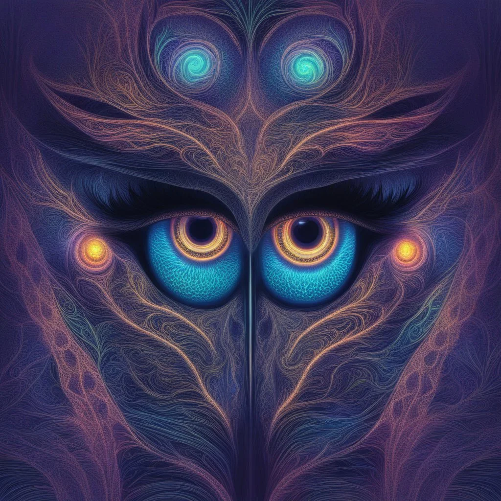 Close-up of mystical eyes, neon glow, intricate iris patterns, digital art style
