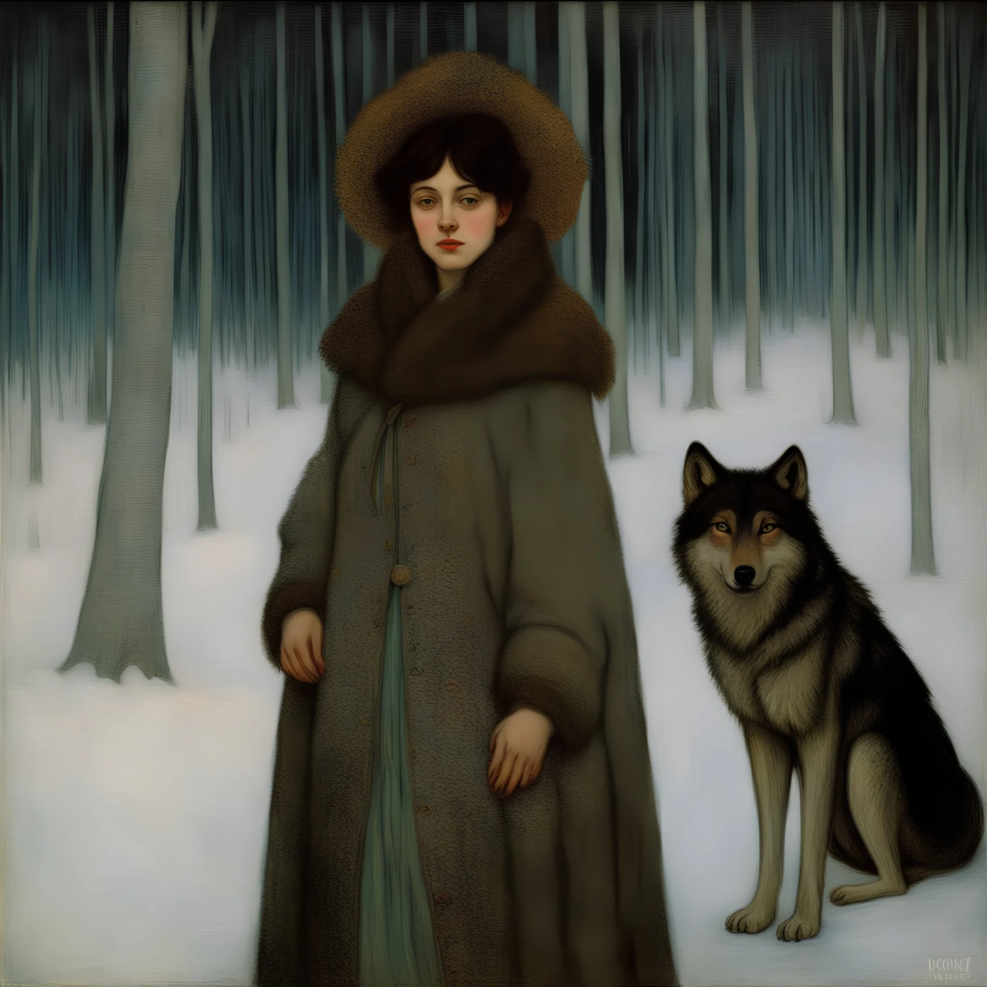 A young woman carrying a wolf in the winter forest at twilight painting by Klimt